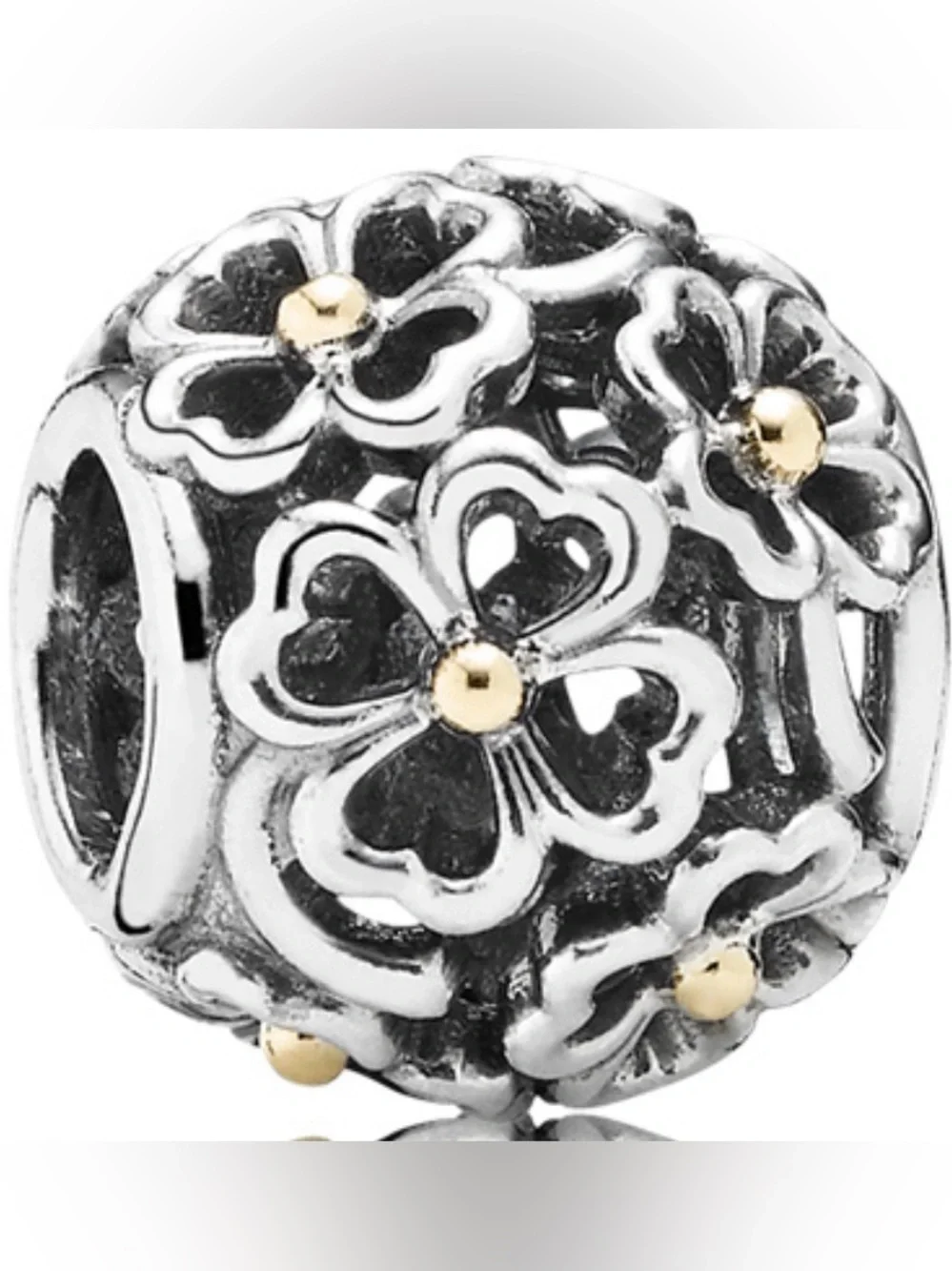 Pandora Silver Floral Openwork Charm Bead with Gold Accents